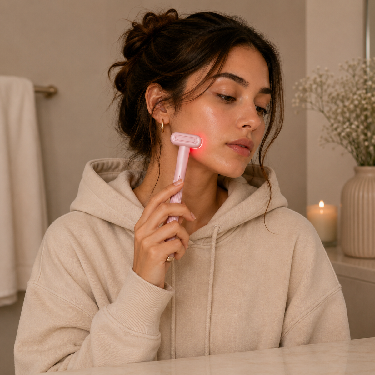 Roveo GlowLift Pro wand - red light therapy mode in use