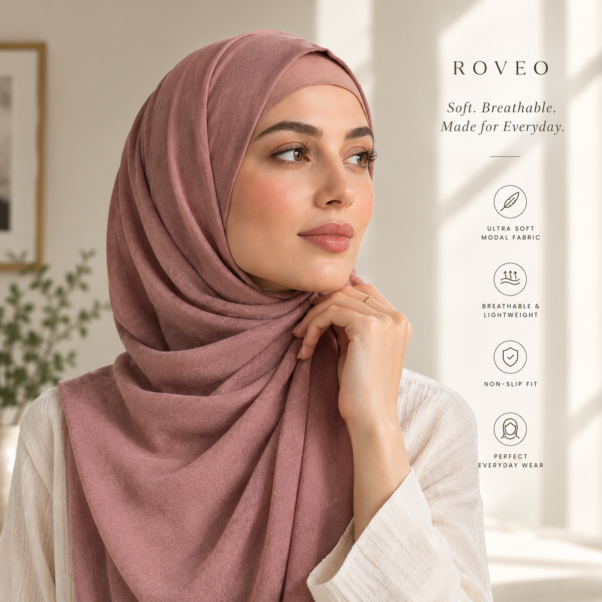 Woman wearing the Dusty Rose modal hijab