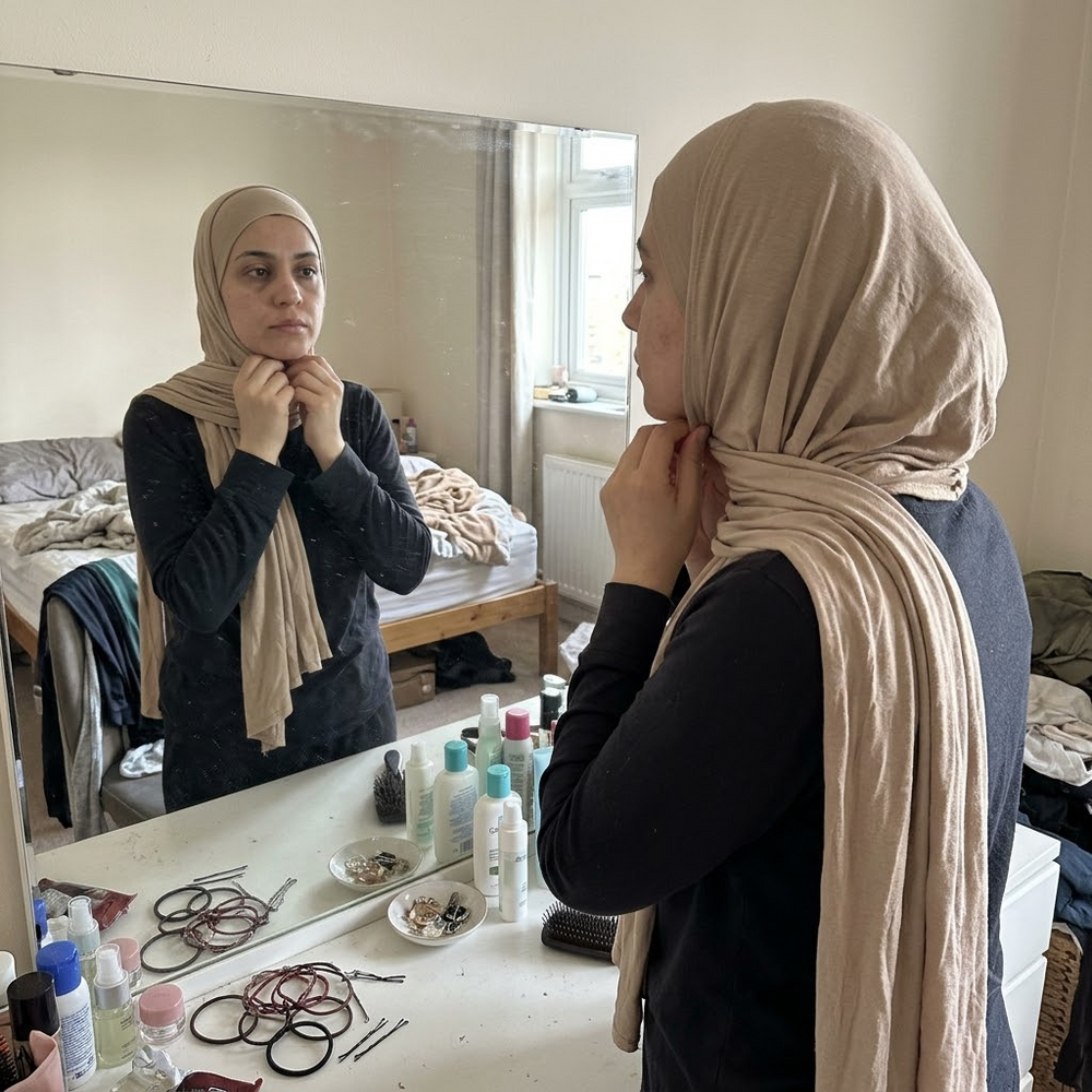 Instant Jersey Hijab in Beige, adjusting at the mirror