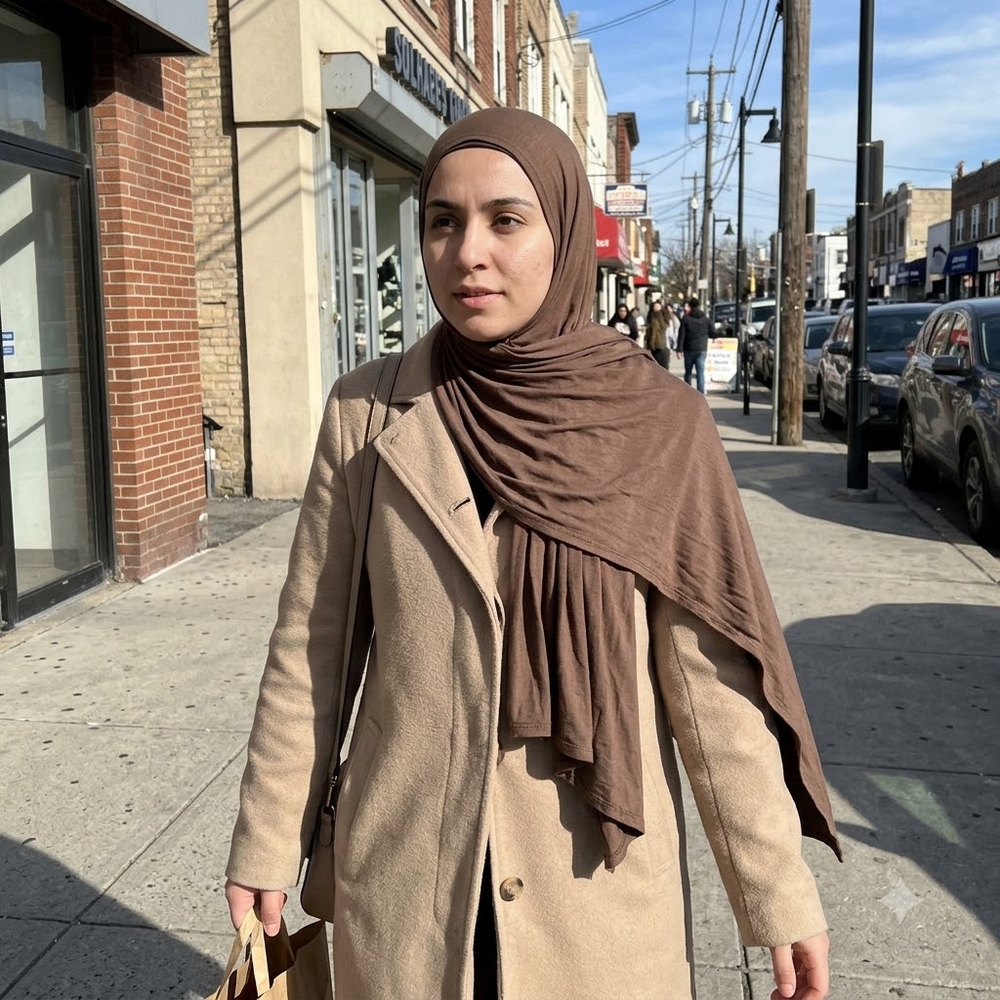 Instant Jersey Hijab in Coffee, walking on the street