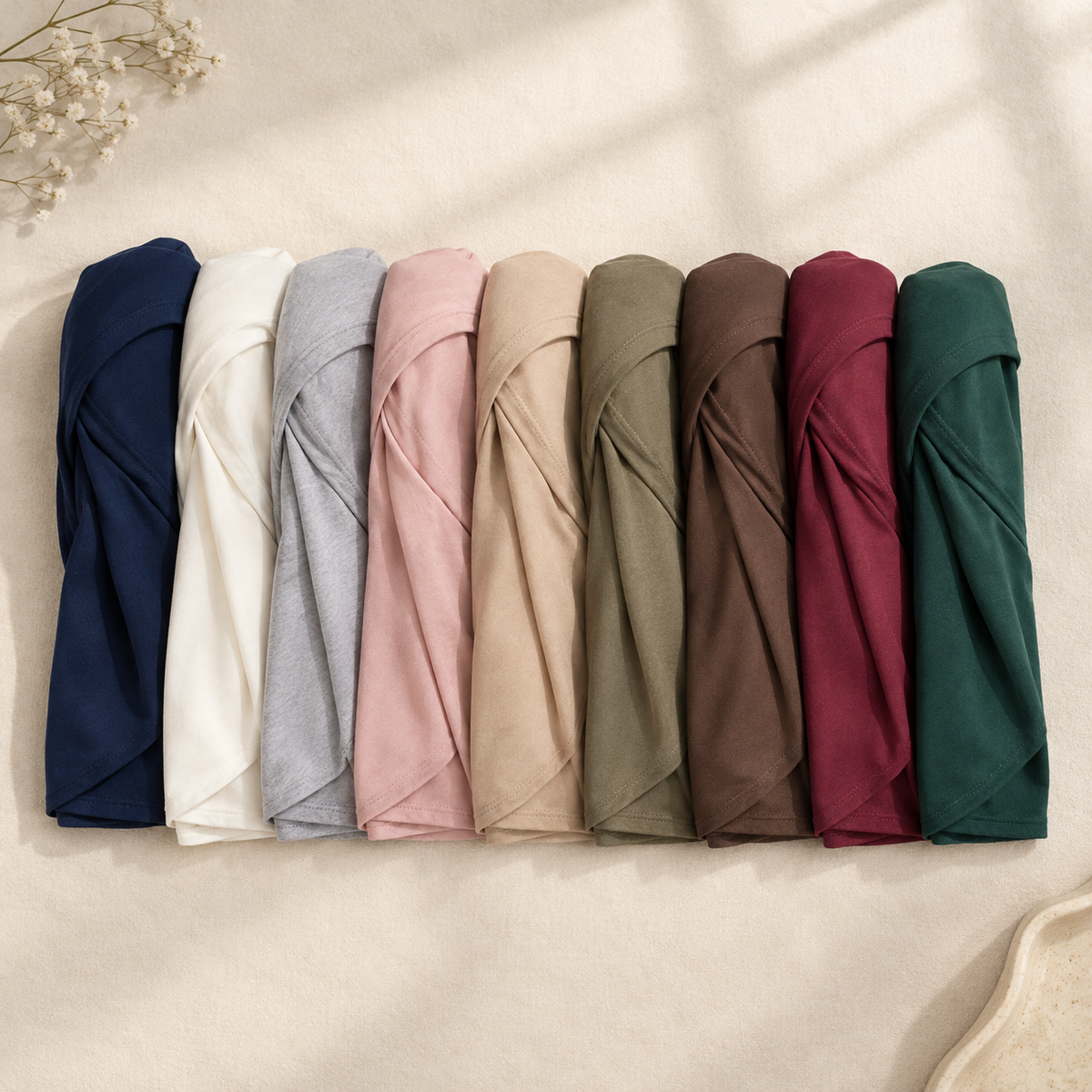 All nine colours of the Instant Jersey Hijab
